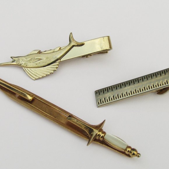 Swank Tie Clips Gold Tone Sword Marlin Lot of 3 - Picture 1 of 4